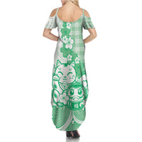 Green Palaka Hawaiian And Japanese Summer Maxi Dress Maneki Neko And Sakura Bloom
