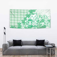 Green Palaka Hawaiian And Japanese Tapestry Maneki Neko And Sakura Bloom