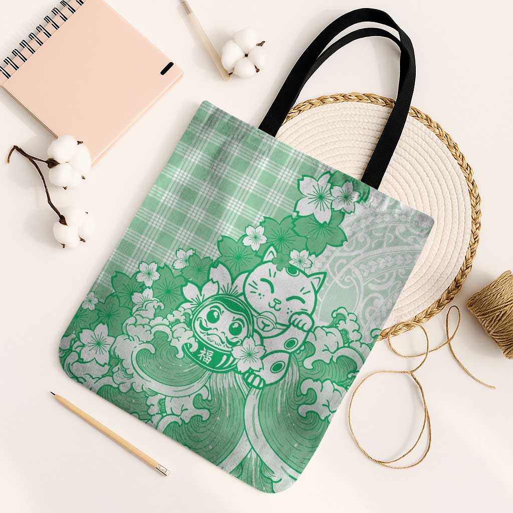 Green Palaka Hawaiian And Japanese Tote Bag Maneki Neko And Sakura Bloom DT05 Black Strap One Size Green - Polynesian Pride