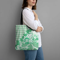 Green Palaka Hawaiian And Japanese Tote Bag Maneki Neko And Sakura Bloom DT05 - Polynesian Pride
