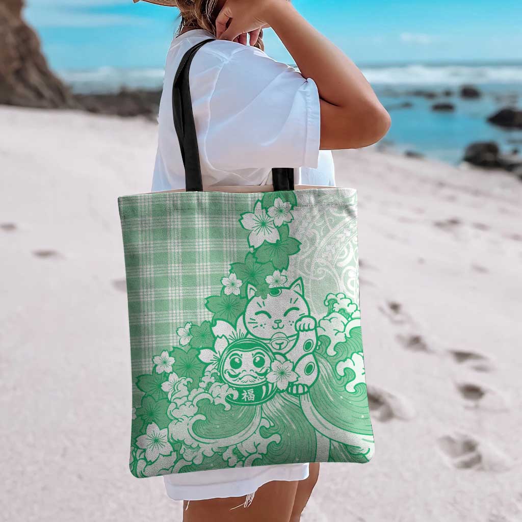 Green Palaka Hawaiian And Japanese Tote Bag Maneki Neko And Sakura Bloom DT05 - Polynesian Pride