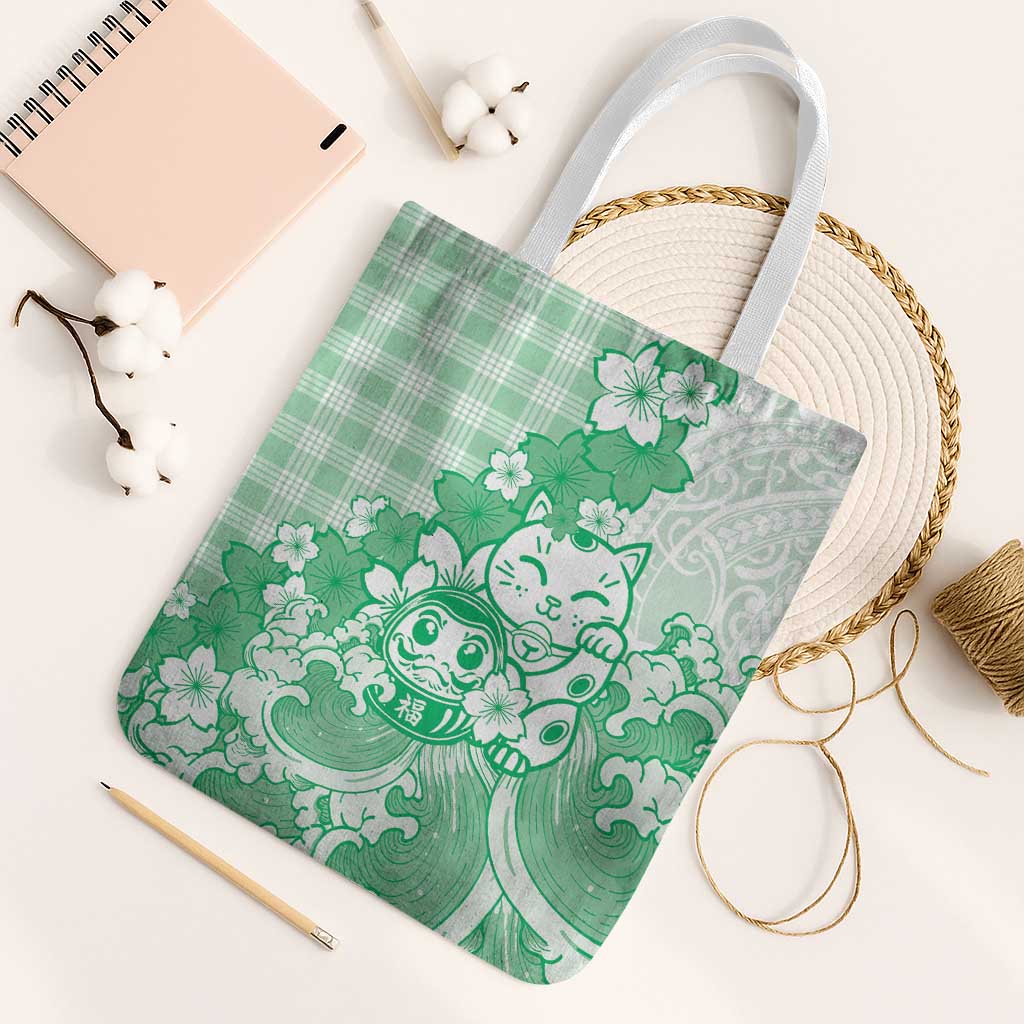 Green Palaka Hawaiian And Japanese Tote Bag Maneki Neko And Sakura Bloom DT05 White Strap One Size Green - Polynesian Pride