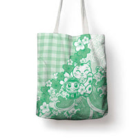 Green Palaka Hawaiian And Japanese Tote Bag Maneki Neko And Sakura Bloom DT05 - Polynesian Pride