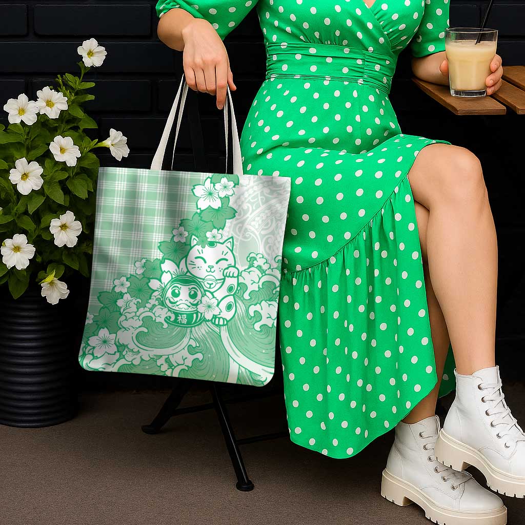 Green Palaka Hawaiian And Japanese Tote Bag Maneki Neko And Sakura Bloom DT05 - Polynesian Pride