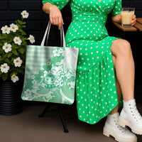 Green Palaka Hawaiian And Japanese Tote Bag Maneki Neko And Sakura Bloom DT05 - Polynesian Pride