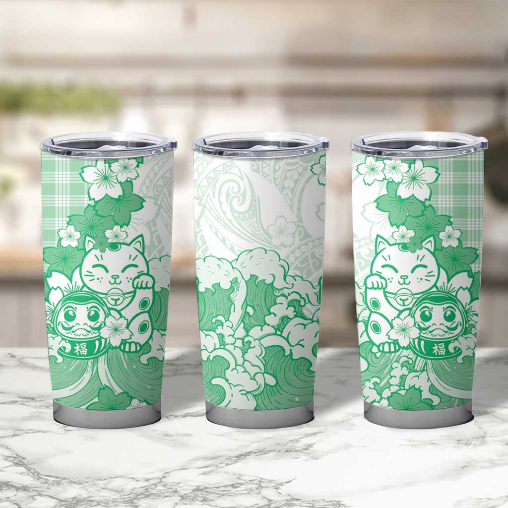 Green Palaka Hawaiian And Japanese Tumbler Cup Maneki Neko And Sakura Bloom