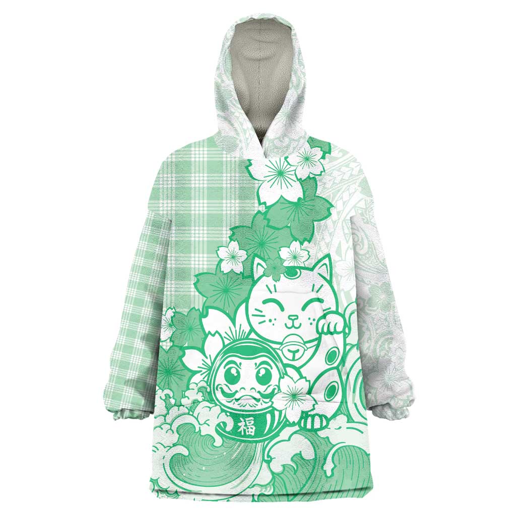 Green Palaka Hawaiian And Japanese Wearable Blanket Hoodie Maneki Neko And Sakura Bloom