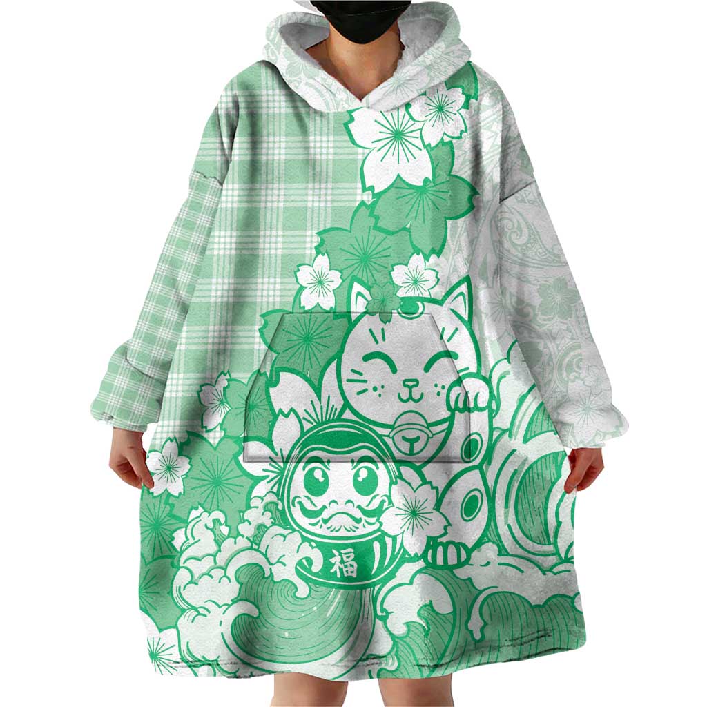 Green Palaka Hawaiian And Japanese Wearable Blanket Hoodie Maneki Neko And Sakura Bloom