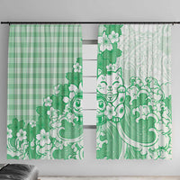 Green Palaka Hawaiian And Japanese Window Curtain Maneki Neko And Sakura Bloom