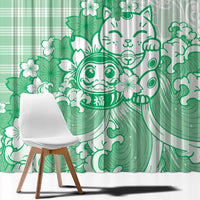 Green Palaka Hawaiian And Japanese Window Curtain Maneki Neko And Sakura Bloom