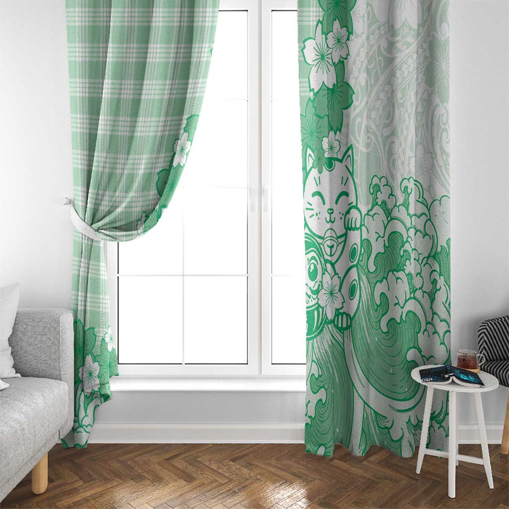 Green Palaka Hawaiian And Japanese Window Curtain Maneki Neko And Sakura Bloom