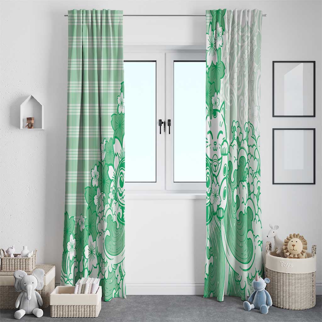 Green Palaka Hawaiian And Japanese Window Curtain Maneki Neko And Sakura Bloom