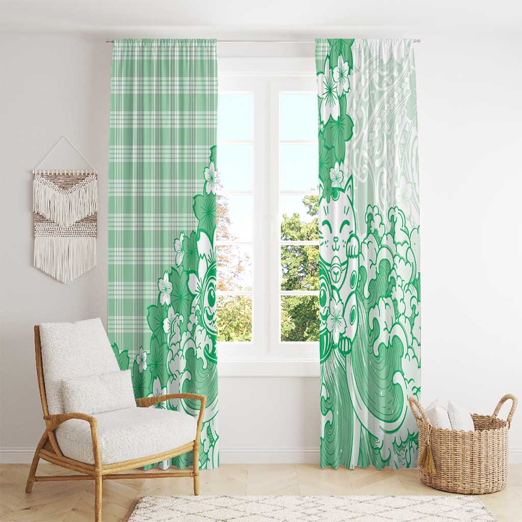 Green Palaka Hawaiian And Japanese Window Curtain Maneki Neko And Sakura Bloom