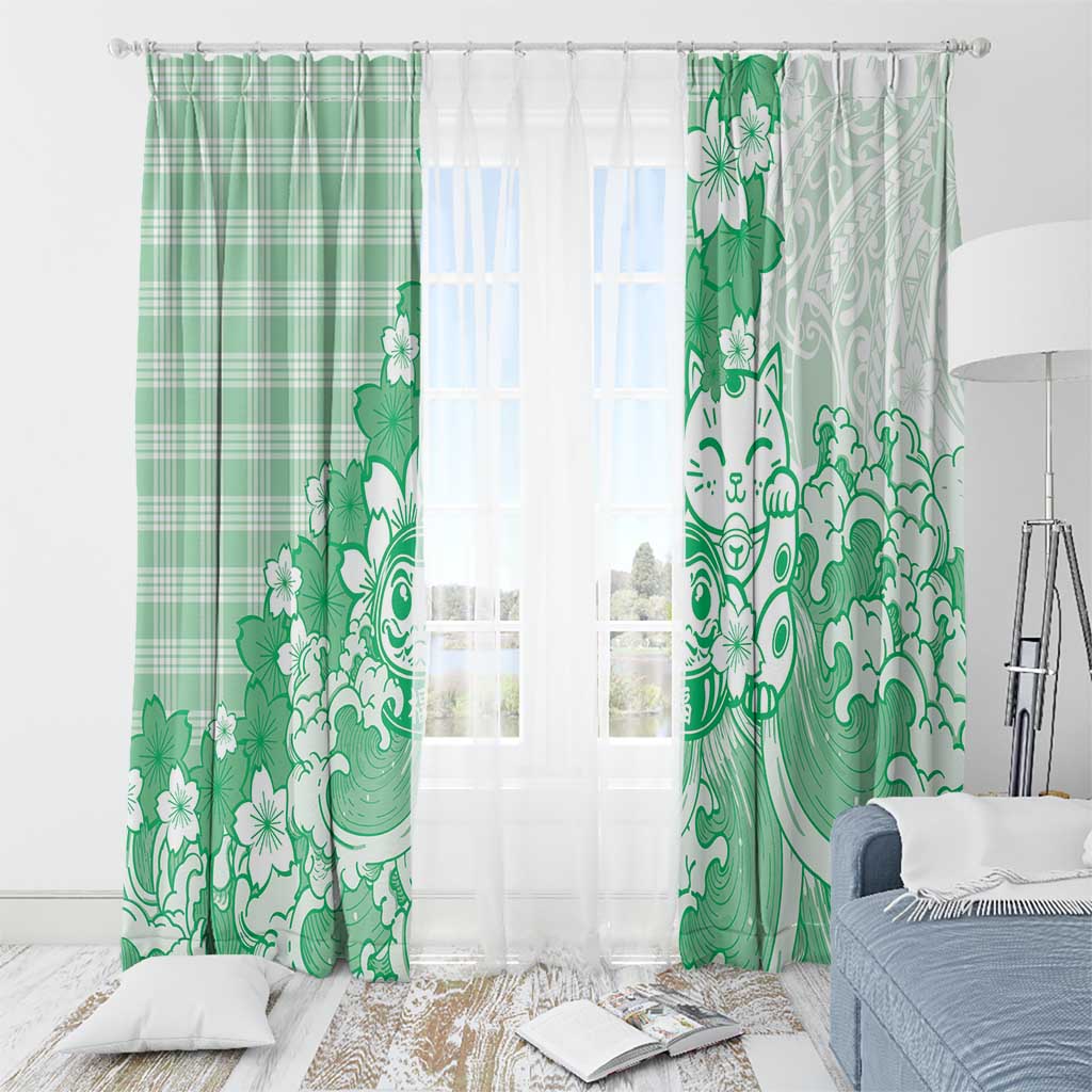 Green Palaka Hawaiian And Japanese Window Curtain Maneki Neko And Sakura Bloom