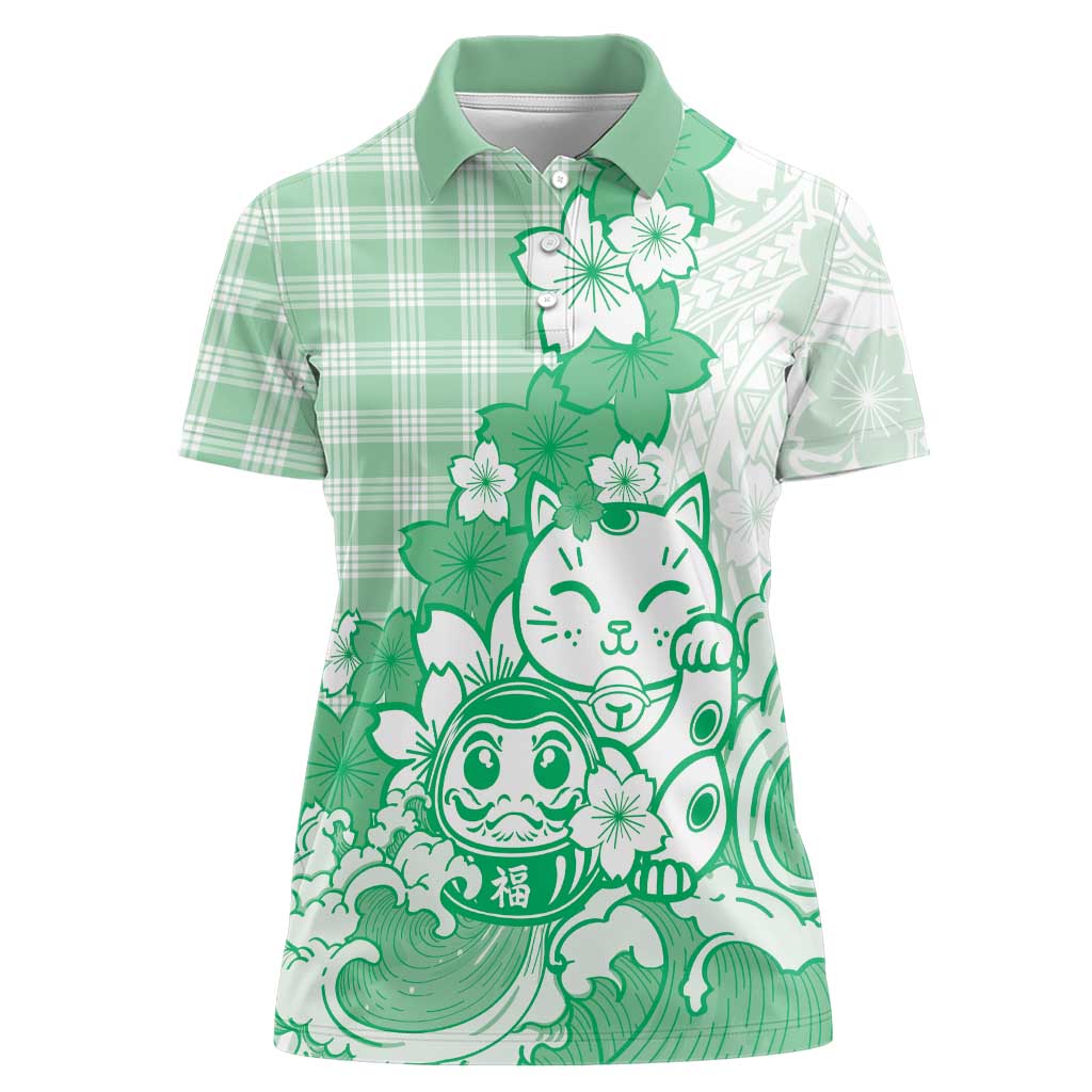 Green Palaka Hawaiian And Japanese Women Polo Shirt Maneki Neko And Sakura Bloom DT05 Female Green - Polynesian Pride