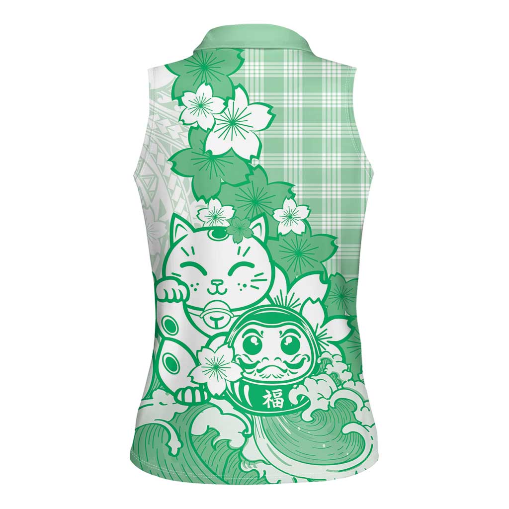 Green Palaka Hawaiian And Japanese Women Sleeveless Polo Shirt Maneki Neko And Sakura Bloom DT05 - Polynesian Pride
