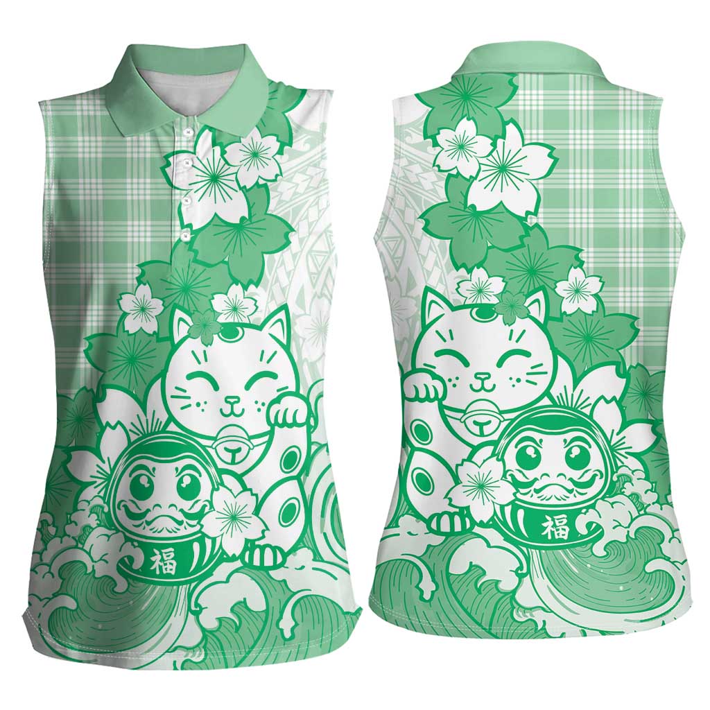 Green Palaka Hawaiian And Japanese Women Sleeveless Polo Shirt Maneki Neko And Sakura Bloom DT05 - Polynesian Pride