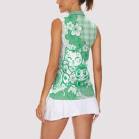 Green Palaka Hawaiian And Japanese Women Sleeveless Polo Shirt Maneki Neko And Sakura Bloom DT05 - Polynesian Pride