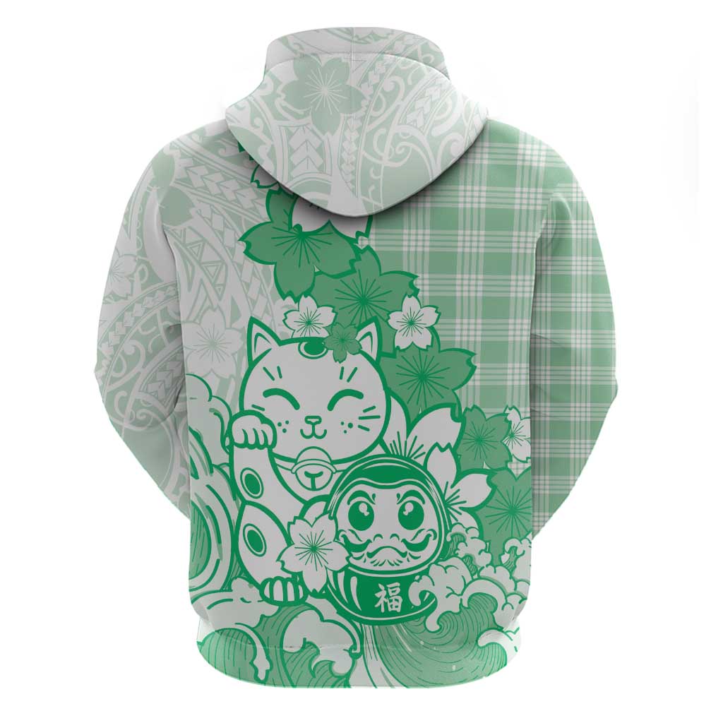 Green Palaka Hawaiian And Japanese Zip Hoodie Maneki Neko And Sakura Bloom DT05 - Polynesian Pride