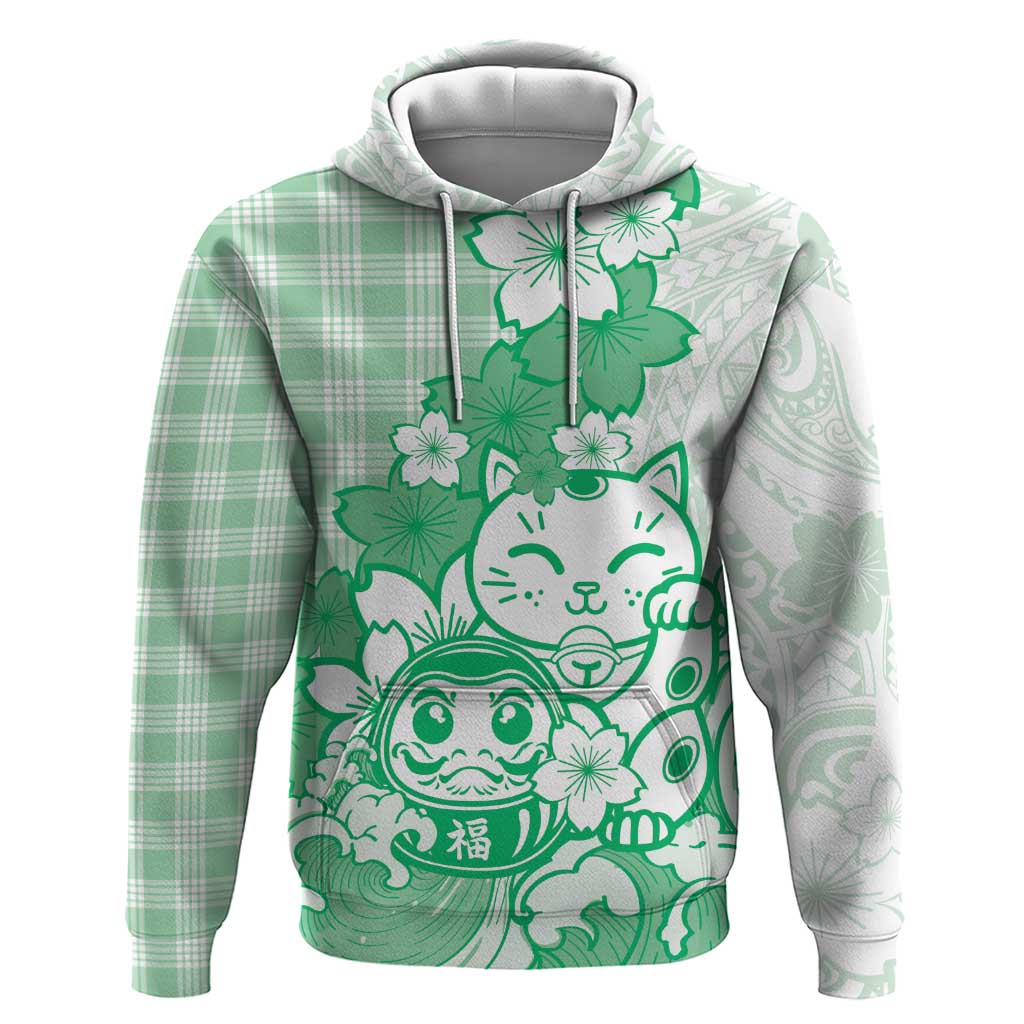 Green Palaka Hawaiian And Japanese Zip Hoodie Maneki Neko And Sakura Bloom DT05 Pullover Hoodie Green - Polynesian Pride