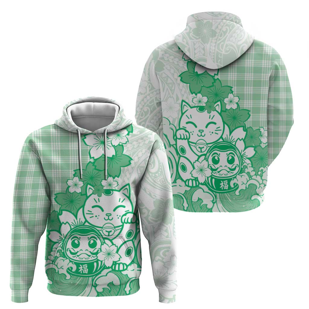 Green Palaka Hawaiian And Japanese Zip Hoodie Maneki Neko And Sakura Bloom DT05 - Polynesian Pride