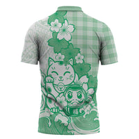 Green Palaka Hawaiian And Japanese Zipper Polo Shirt Maneki Neko And Sakura Bloom DT05 - Polynesian Pride