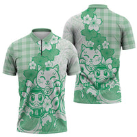 Green Palaka Hawaiian And Japanese Zipper Polo Shirt Maneki Neko And Sakura Bloom DT05 - Polynesian Pride