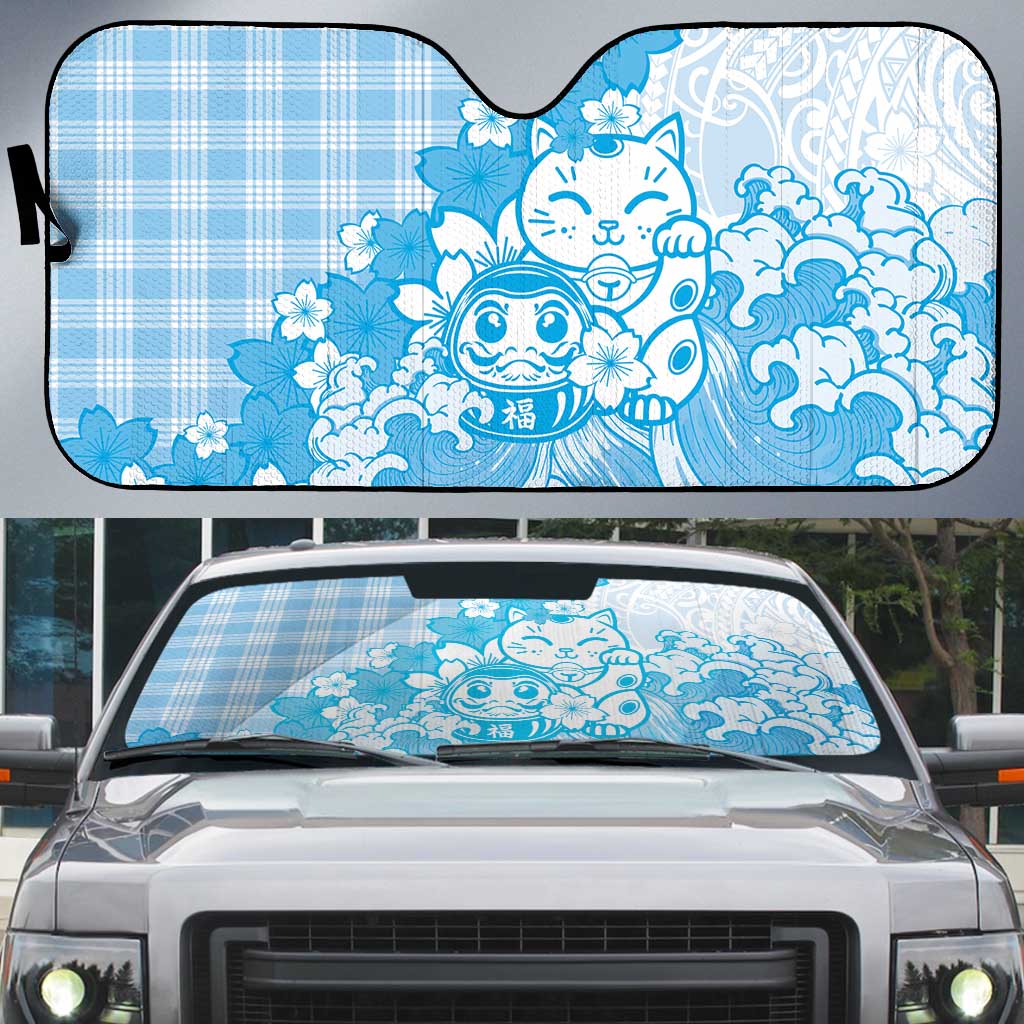 Blue Palaka Hawaiian And Japanese Auto Sun Shade Maneki Neko And Sakura Bloom DT05 Blue - Polynesian Pride