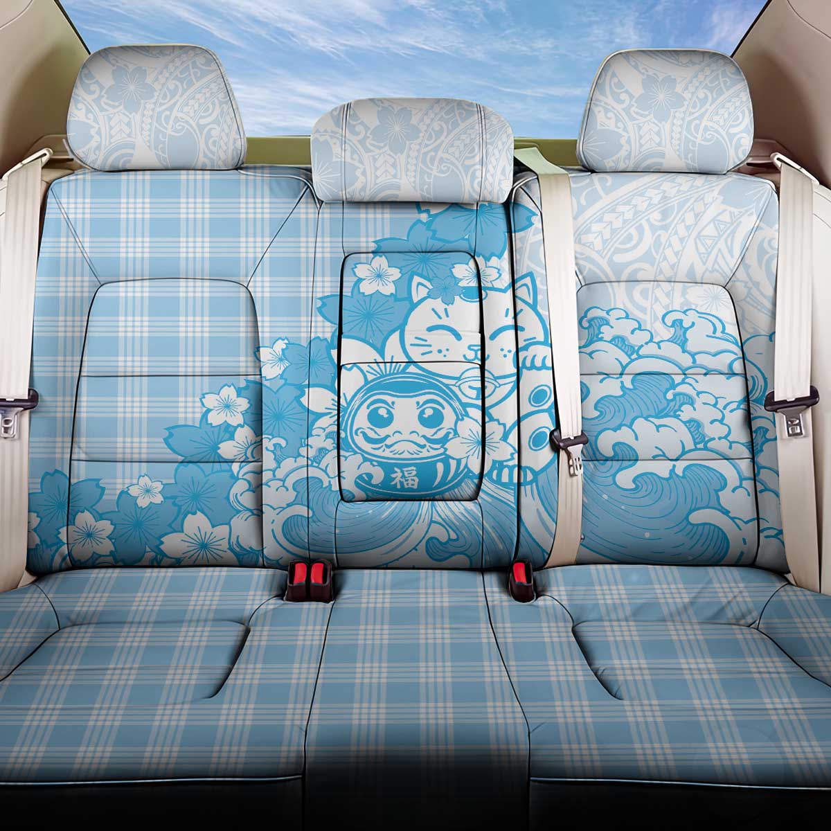 Blue Palaka Hawaiian And Japanese Back Car Seat Cover Maneki Neko And Sakura Bloom DT05 One Size Blue - Polynesian Pride