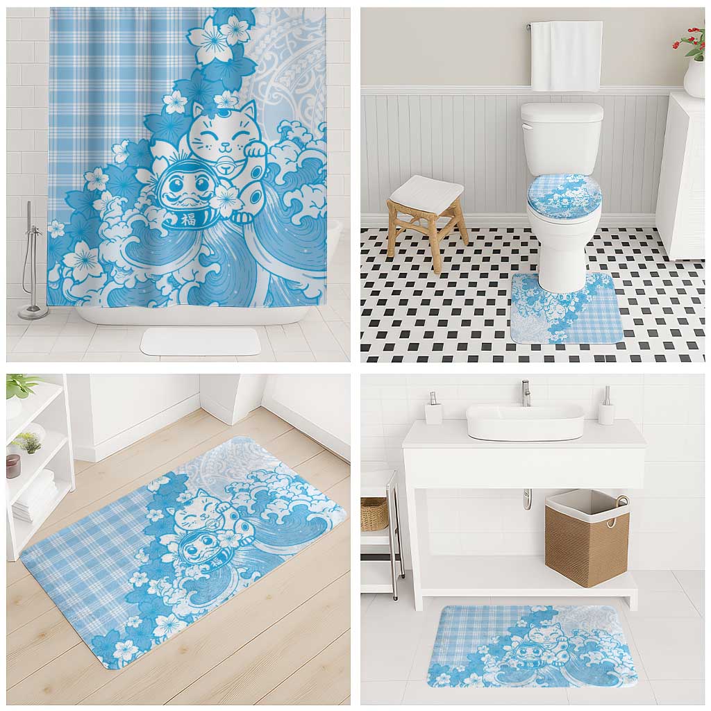Blue Palaka Hawaiian And Japanese Bathroom Set Maneki Neko And Sakura Bloom DT05 - Polynesian Pride