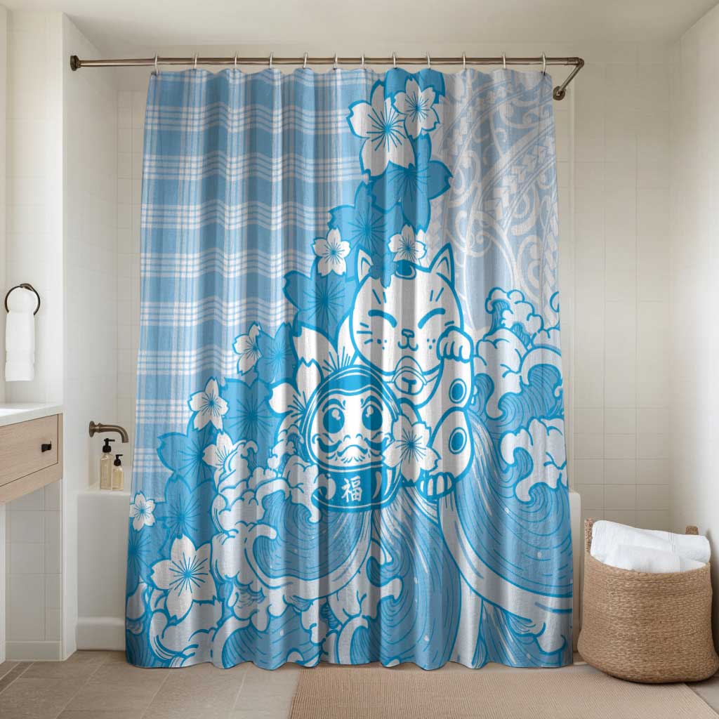 Blue Palaka Hawaiian And Japanese Bathroom Set Maneki Neko And Sakura Bloom DT05 Shower Curtain Only Blue - Polynesian Pride