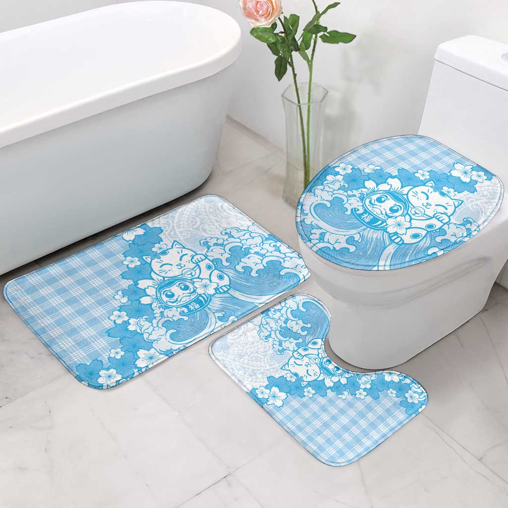Blue Palaka Hawaiian And Japanese Bathroom Set Maneki Neko And Sakura Bloom DT05 - Polynesian Pride