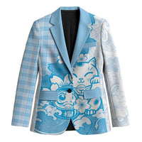 Blue Palaka Hawaiian And Japanese Blazer Maneki Neko And Sakura Bloom