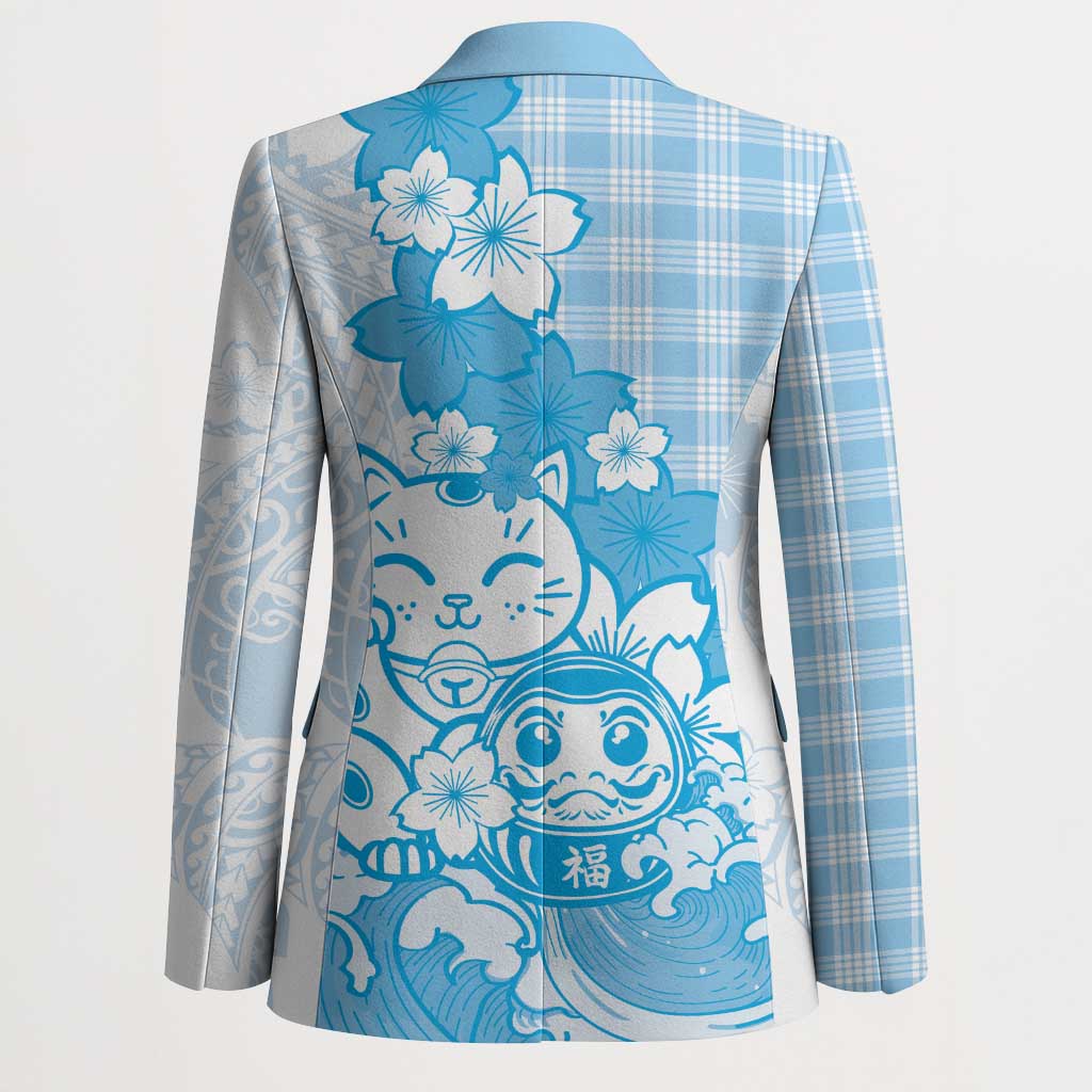 Blue Palaka Hawaiian And Japanese Blazer Maneki Neko And Sakura Bloom