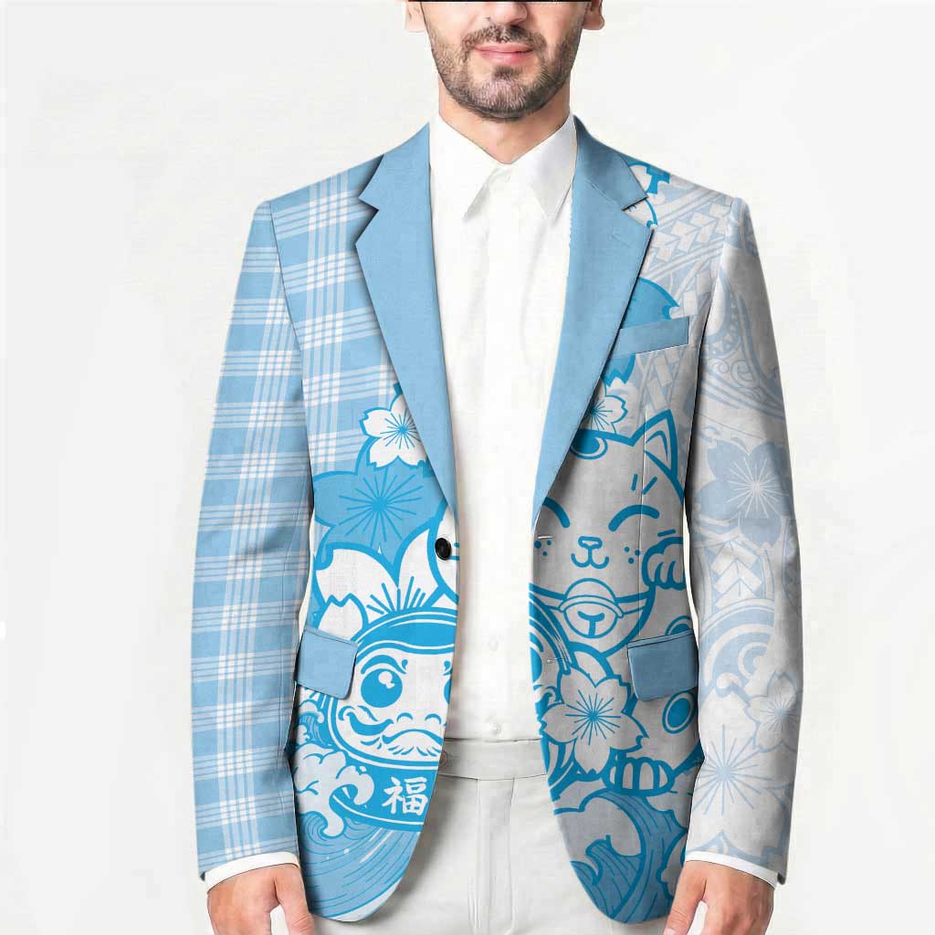Blue Palaka Hawaiian And Japanese Blazer Maneki Neko And Sakura Bloom
