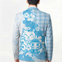 Blue Palaka Hawaiian And Japanese Blazer Maneki Neko And Sakura Bloom