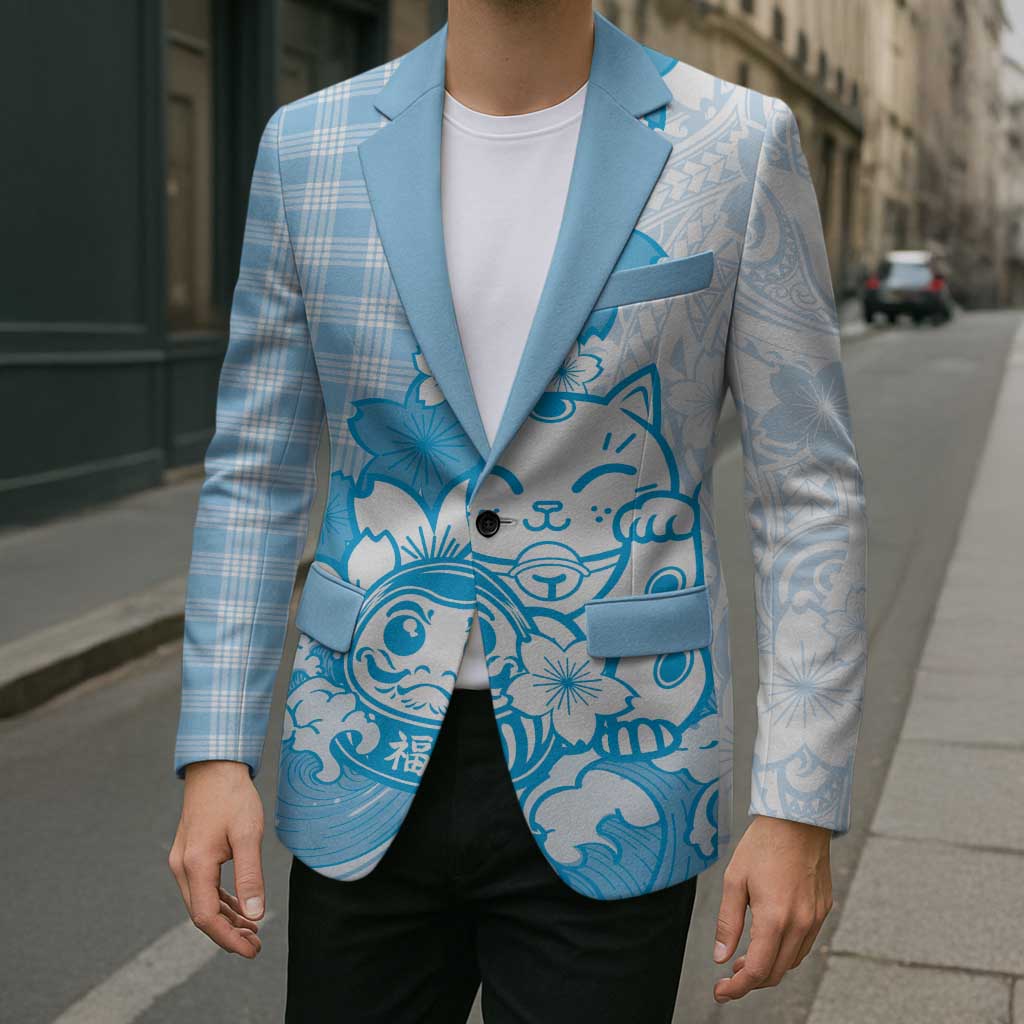 Blue Palaka Hawaiian And Japanese Blazer Maneki Neko And Sakura Bloom