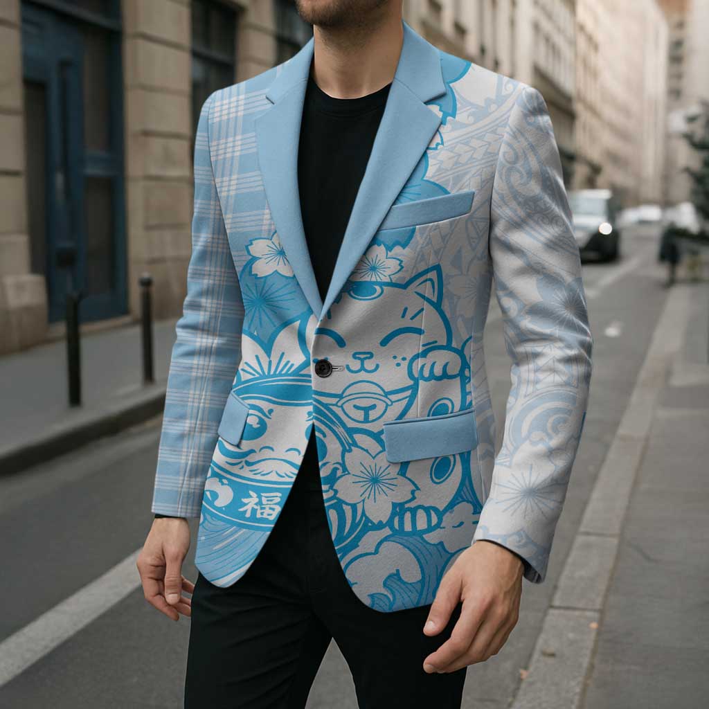 Blue Palaka Hawaiian And Japanese Blazer Maneki Neko And Sakura Bloom