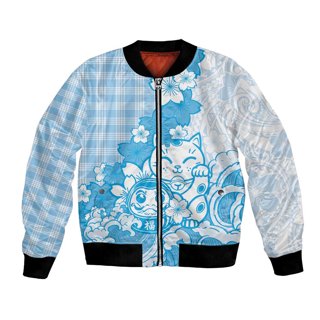 Blue Palaka Hawaiian And Japanese Bomber Jacket Maneki Neko And Sakura Bloom