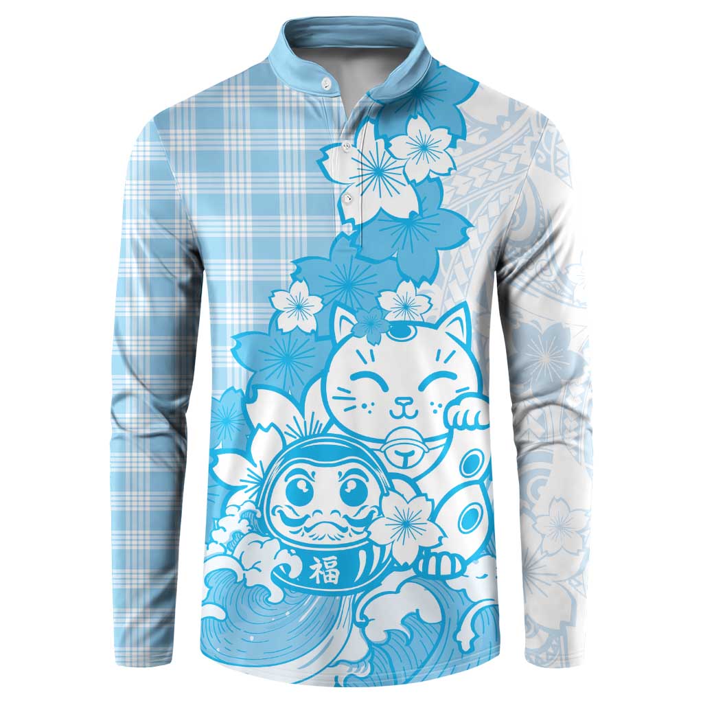 Blue Palaka Hawaiian And Japanese Button Sweatshirt Maneki Neko And Sakura Bloom
