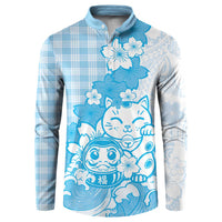 Blue Palaka Hawaiian And Japanese Button Sweatshirt Maneki Neko And Sakura Bloom