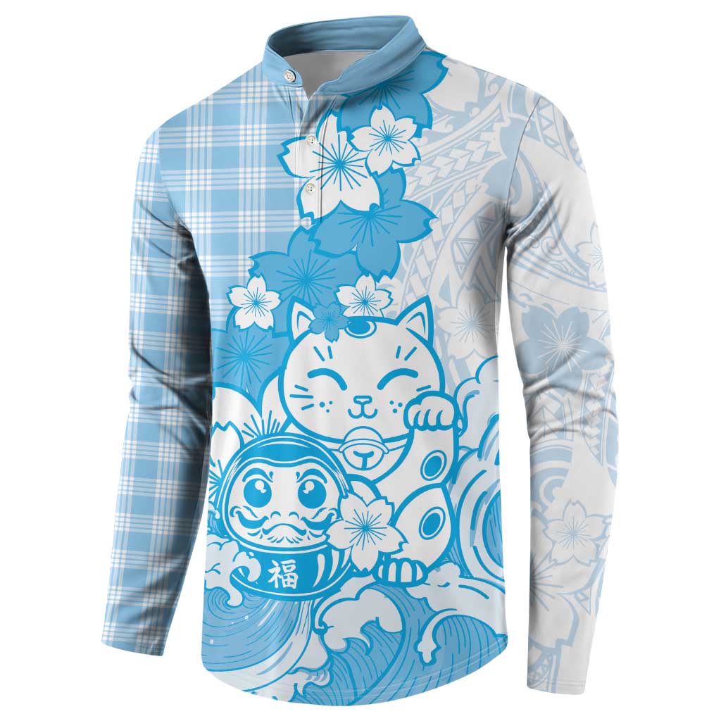 Blue Palaka Hawaiian And Japanese Button Sweatshirt Maneki Neko And Sakura Bloom