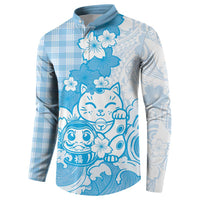 Blue Palaka Hawaiian And Japanese Button Sweatshirt Maneki Neko And Sakura Bloom