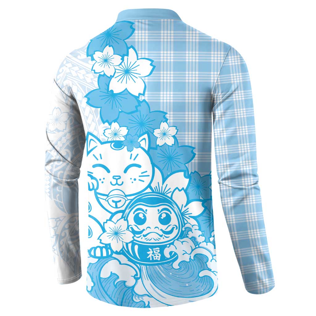 Blue Palaka Hawaiian And Japanese Button Sweatshirt Maneki Neko And Sakura Bloom