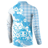 Blue Palaka Hawaiian And Japanese Button Sweatshirt Maneki Neko And Sakura Bloom