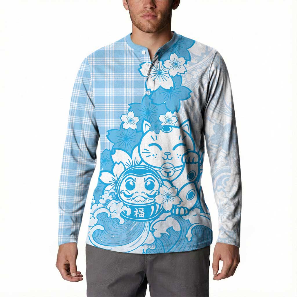 Blue Palaka Hawaiian And Japanese Button Sweatshirt Maneki Neko And Sakura Bloom