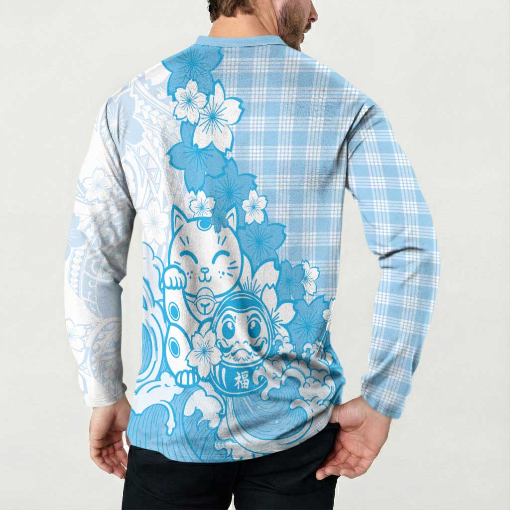 Blue Palaka Hawaiian And Japanese Button Sweatshirt Maneki Neko And Sakura Bloom