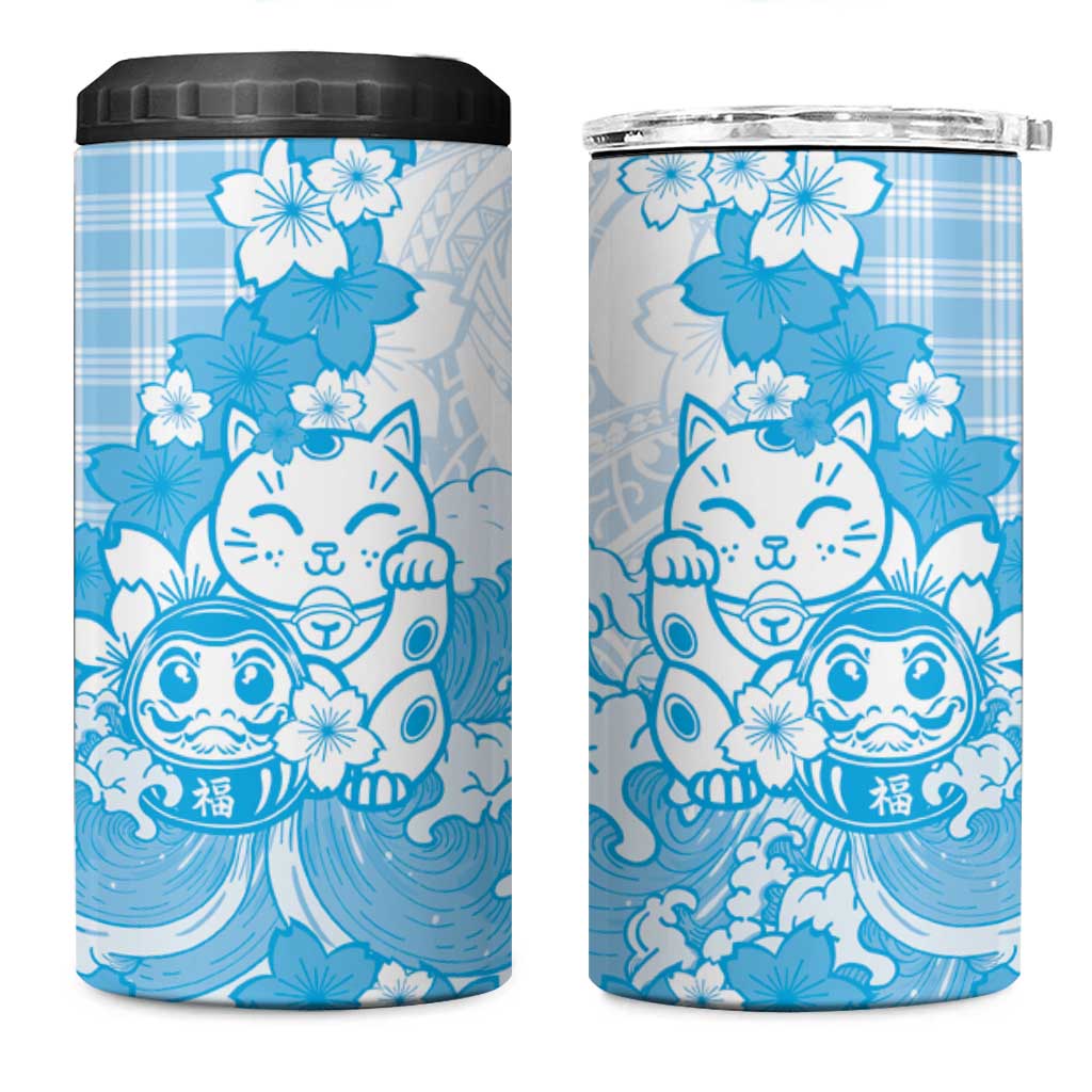 Blue Palaka Hawaiian And Japanese 4 in 1 Can Cooler Tumbler Maneki Neko And Sakura Bloom DT05 One Size: 16 oz Blue - Polynesian Pride