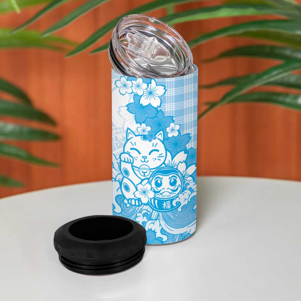 Blue Palaka Hawaiian And Japanese 4 in 1 Can Cooler Tumbler Maneki Neko And Sakura Bloom DT05 - Polynesian Pride