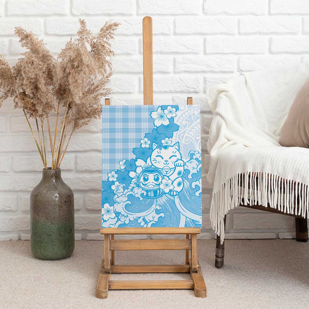 Blue Palaka Hawaiian And Japanese Canvas Wall Art Maneki Neko And Sakura Bloom